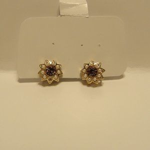 Vintage Gold Tone Purple Rhinestone Pearl Clip On Earrings